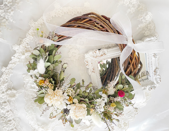 布花作品♡爽やかな色のリース Snowflake Flower ホワイト＆ブルーの爽やか