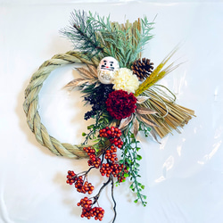 早割りお正月飾り＊赤ダリアと紅白梅マムと水引のお正月しめ縄飾り