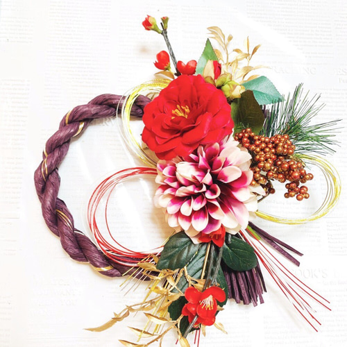 早割お正月2022年＊美ダリアと麗椿の華やかなお正月しめ縄飾り しめ縄