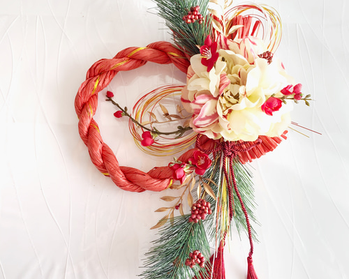 お正月ハンドメイド2020」 新作しめ縄飾り＊春姫牡丹と紅梅と慶