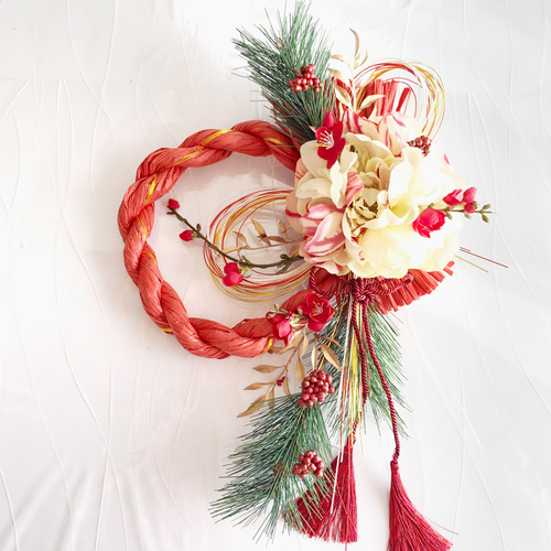 お正月ハンドメイド2020」 新作しめ縄飾り＊春姫牡丹と紅梅と慶