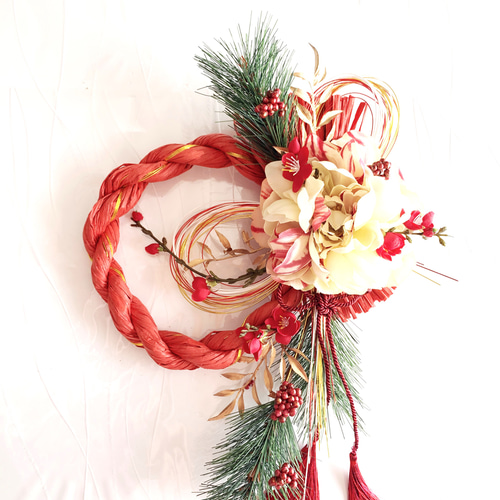 お正月ハンドメイド2020」 新作しめ縄飾り＊春姫牡丹と紅梅と慶