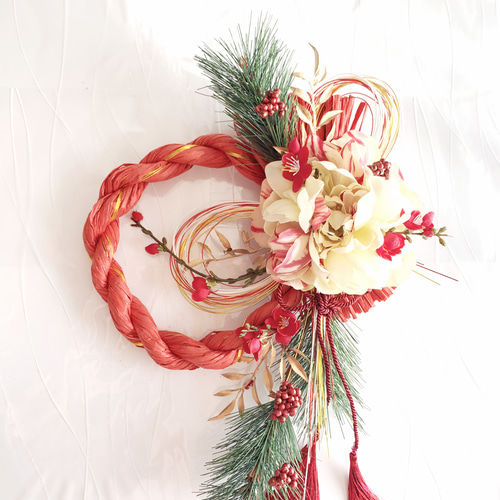 お正月ハンドメイド2020」 新作しめ縄飾り＊春姫牡丹と紅梅と慶