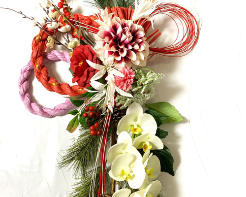 送料無料＊お正月ハンドメイド＊三重のお慶しめ縄豪華な胡蝶蘭ダリア椿