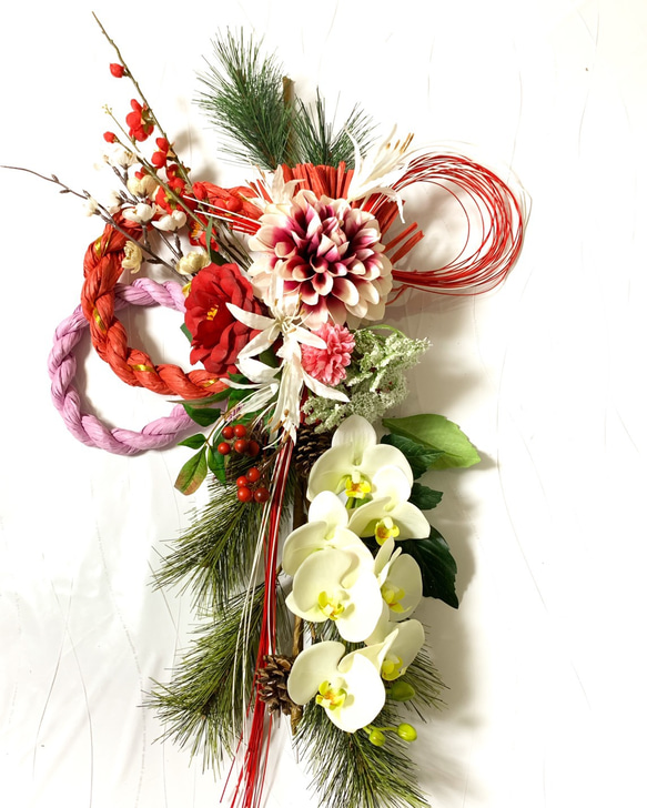 送料無料＊お正月ハンドメイド＊三重のお慶しめ縄豪華な胡蝶蘭ダリア椿