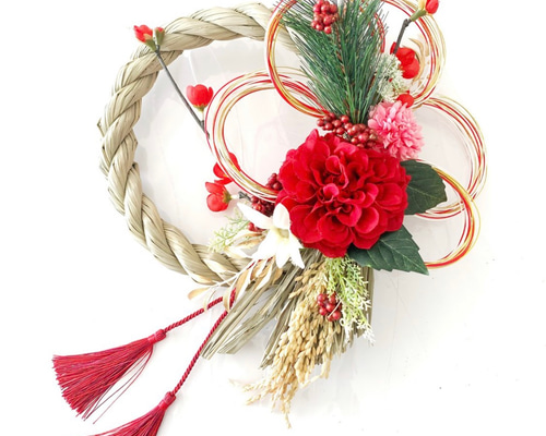 お正月ハンドメイド＊麗ダリアと五重結び水引で祝う新年のしめ縄飾り