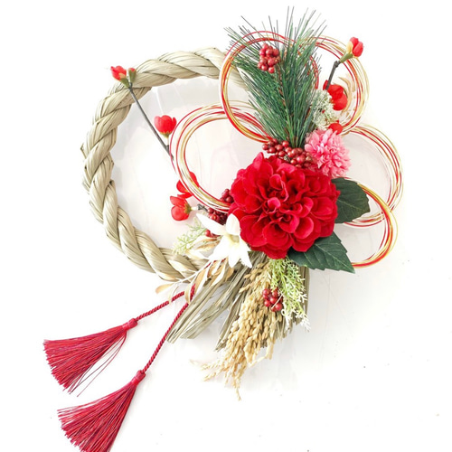 お正月ハンドメイド＊麗ダリアと五重結び水引で祝う新年のしめ縄飾り