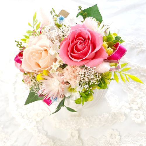 SALE＊母の日フラワー＊オーロカラーの陶器花器にプリザーブドフラワー