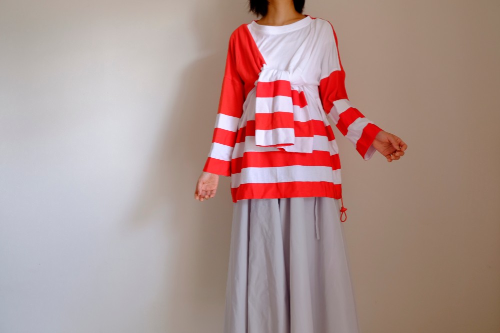 2way ４スリーブスカットソー / コットンニット天竺 グログラン太ボーダー 【 赤白 】