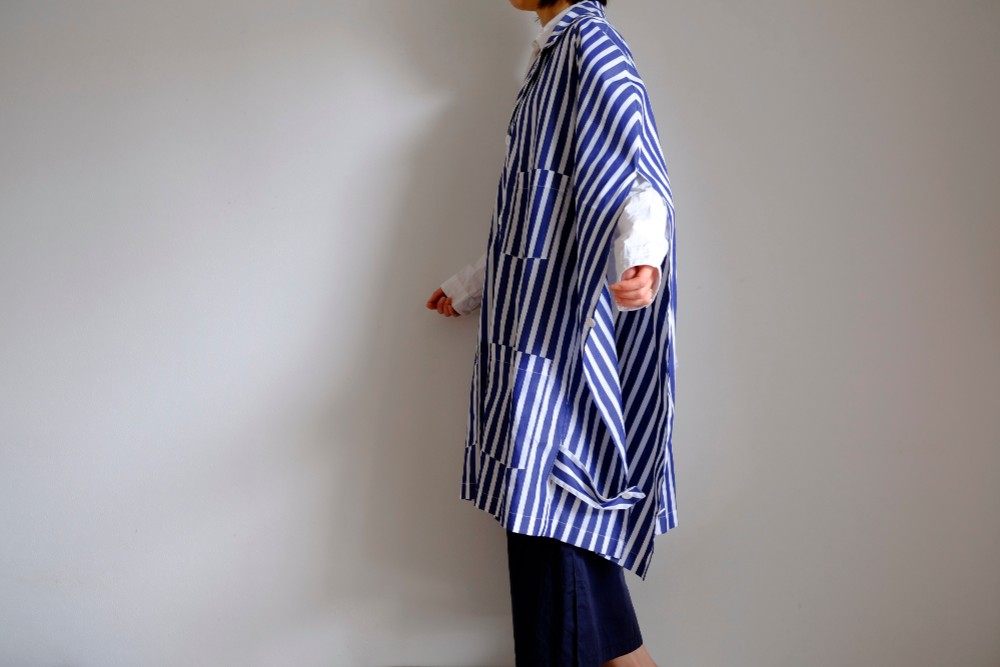 sale ◎ ワーク ポンチョ/ ラグランスリーブ/ コットン シャンブレー 太ストライプ【ネイビー＆ホワイト】