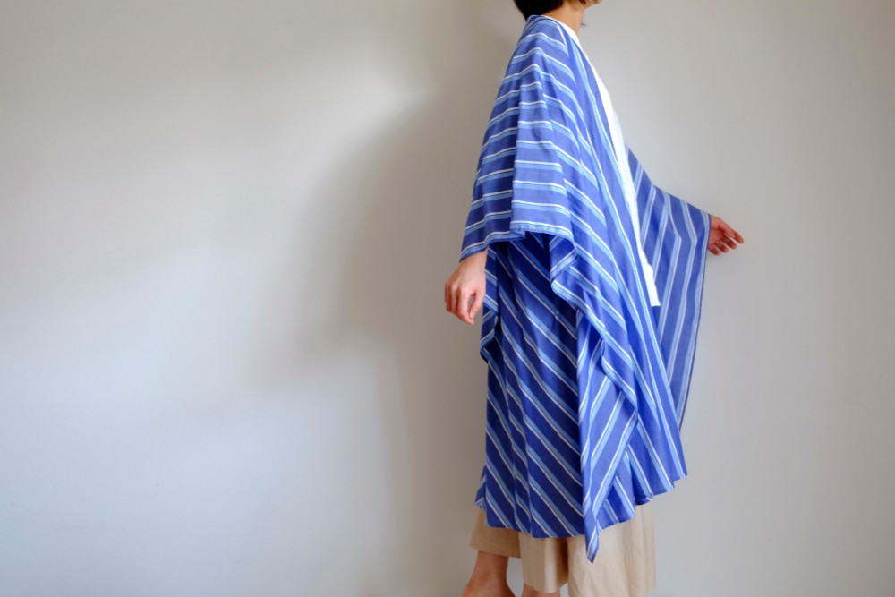 セール◎軽量・紫外線対策/ロングケープコート/コットン/ストライプ/ブルー＆サックス＆ホワイト【Re_1say】
