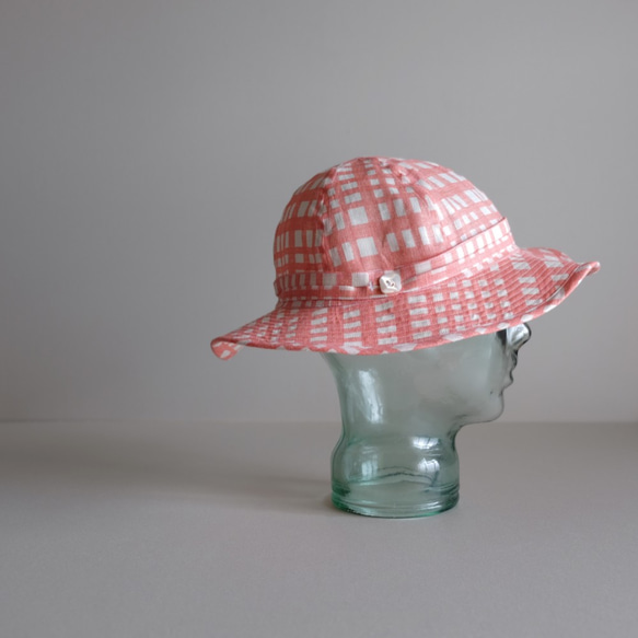 夏季遮陽篷 ◎ 亞麻布格紋 [橙色粉紅色] / 玩絲帶的帽子 第3張的照片