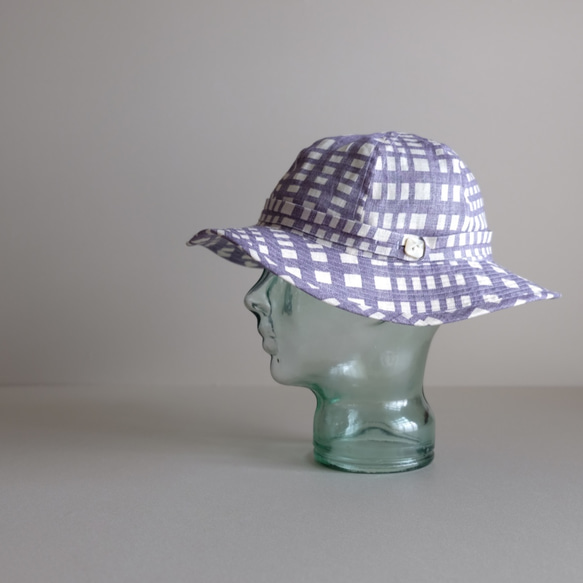 リネン チェック【 紫陽花 ブルー 】  / リボンと遊ぶ帽子　 1枚目の画像