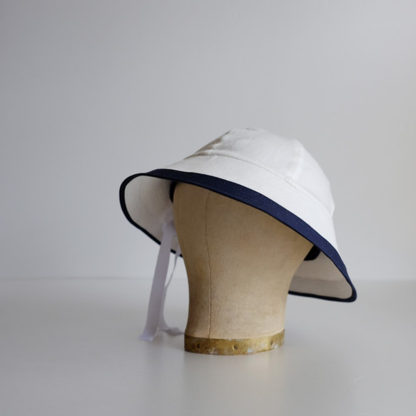 ◎再販◎セーラーハット リネン 【 白に紺 】ライン／sailor hat linen 2枚目の画像