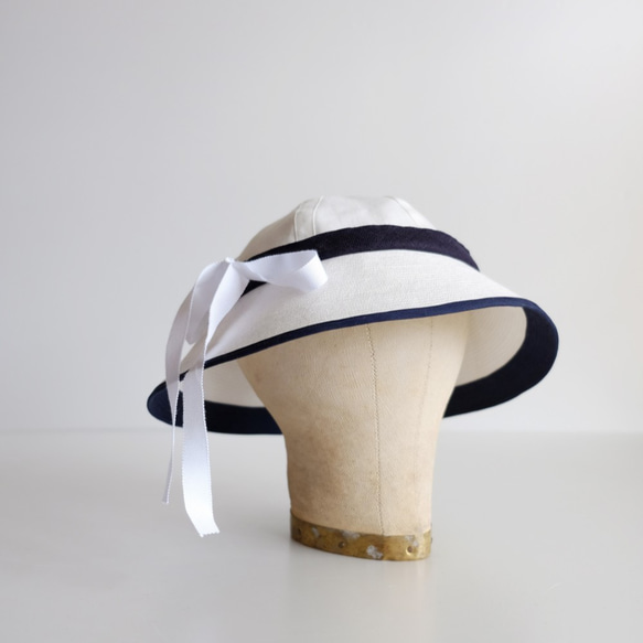 ◎再販◎セーラーハット リネン 【 白に紺 】ライン／sailor hat linen 4枚目の画像
