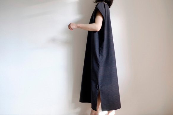 長裙/方形法式袖/格倫格紋拉絨棉[木炭灰] 第3張的照片