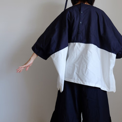 ＊已售出＊ Switching Wide T-shirt / LL size / Cotton Oxford [navy blu 第3張的照片