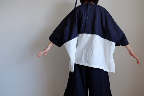 ＊已售出＊ Switching Wide T-shirt / LL size / Cotton Oxford [navy blu 第3張的照片