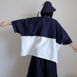 ＊已售出＊ Switching Wide T-shirt / LL size / Cotton Oxford [navy blu 第4張的照片