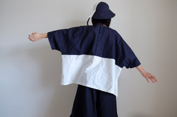 ＊已售出＊ Switching Wide T-shirt / LL size / Cotton Oxford [navy blu 第4張的照片