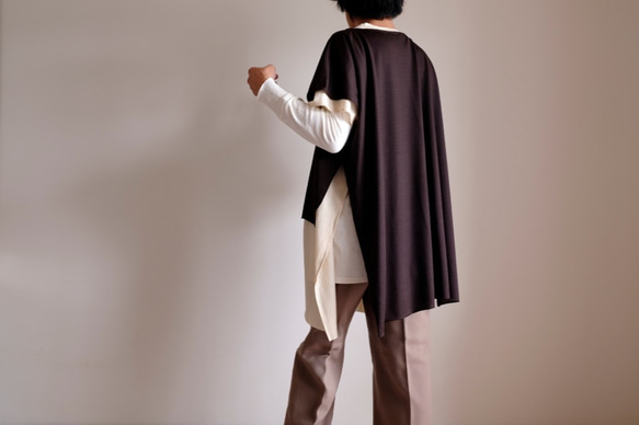 2way套衫針織/方形半袖/細羊毛高針距針織[深棕色] 第2張的照片