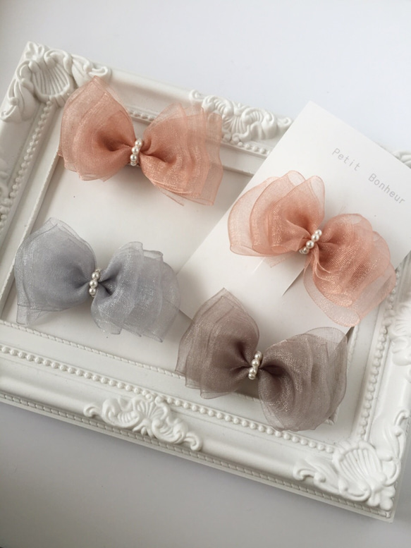 再販⑤♡《Baby&kids》グレージュ♡パール付き オーガンジーリボン  