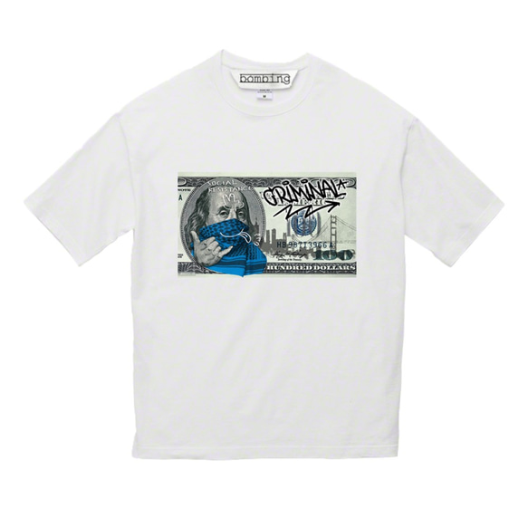 NEW 100＄　BLUE　テヘペロ　ブルー紙幣　ホワイトTシャツ　【 インクジェット 】 2枚目の画像