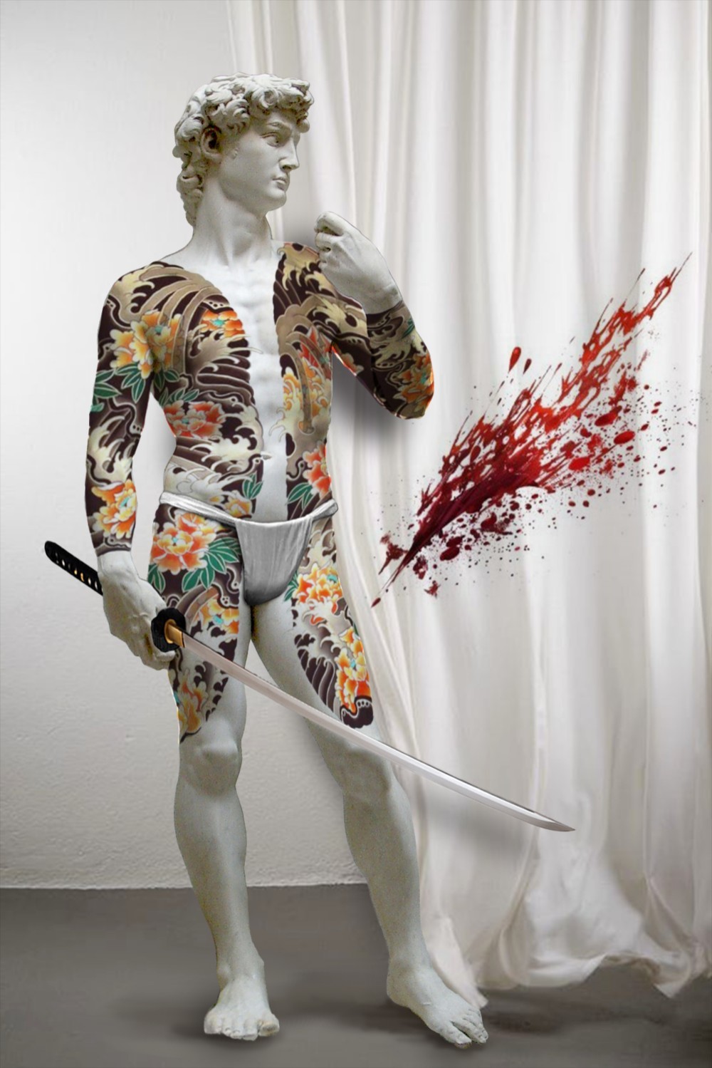 若気のイタリア　RED　ダビデ　和柄　ブラックTシャツ　【 インクジェット 】