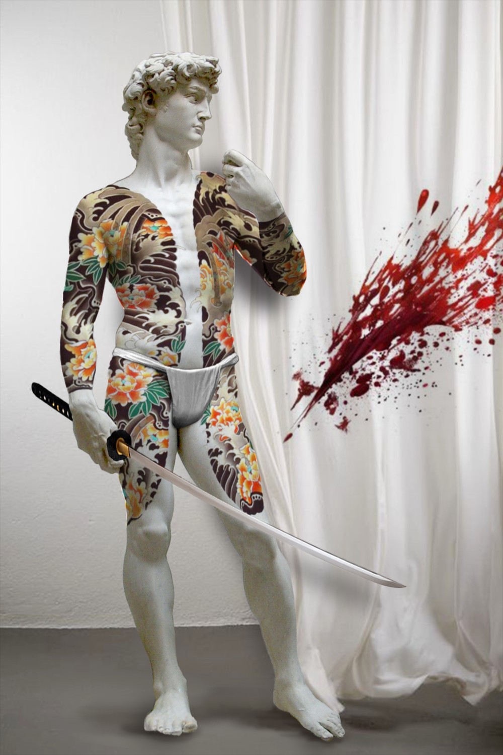 若気のイタリア　RED　ダビデ　和柄　ホワイトTシャツ　【 インクジェット 】