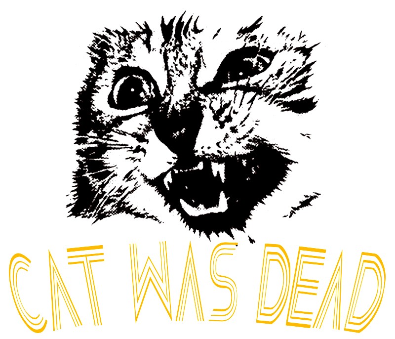 CAT WAS DEAD　フォント1　イエロー　（ ポップでキッチュなホワイト Tシャツ ）【 シルクスクリーン 】