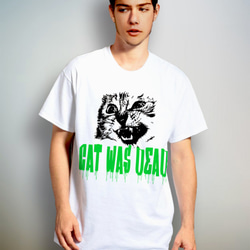 CAT WAS DEAD　フォント2　グリーン　（ ポップでキッチュなホワイト Tシャツ ）【 シルクスクリーン 】 2枚目の画像