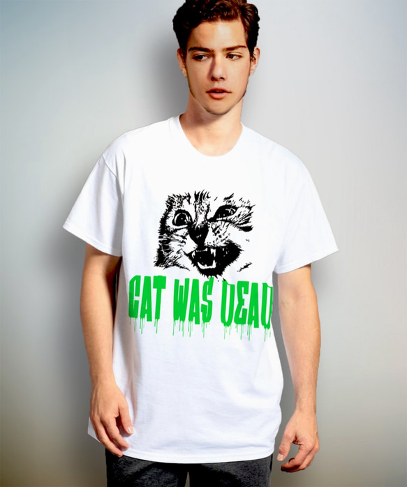 CAT WAS DEAD　フォント2　グリーン　（ ポップでキッチュなホワイト Tシャツ ）【 シルクスクリーン 】 2枚目の画像
