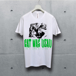 CAT WAS DEAD　フォント2　グリーン　（ ポップでキッチュなホワイト Tシャツ ）【 シルクスクリーン 】 3枚目の画像