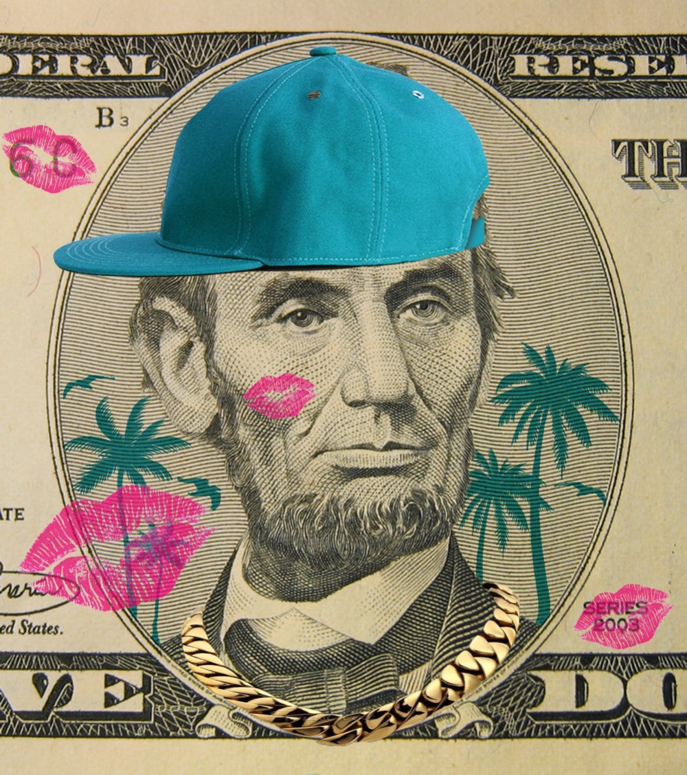 NEW 5＄　リンカーンブルーキャップ　ブラックTシャツ　【 インクジェット 】