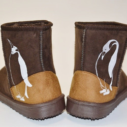 ペンギン ボアブーツ、靴、ダークブラウン、オリジナルデザイン、シルクスクリーン, 冬ブーツ 1枚目の画像