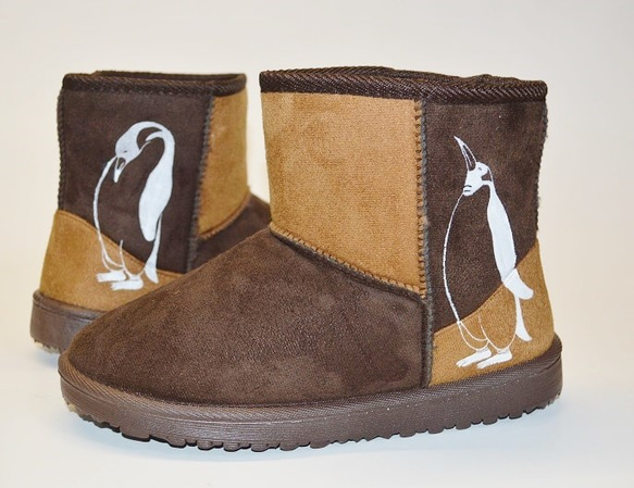 ペンギン ボアブーツ、靴、ダークブラウン、オリジナルデザイン、シルクスクリーン, 冬ブーツ 4枚目の画像