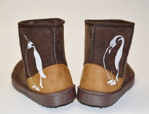 Nお客様用　Lサイズ　ペンギン ボアブーツ、靴、ダークブラウン、オリジナルデザイン、シルクスクリーン, 冬ブーツ 1枚目の画像