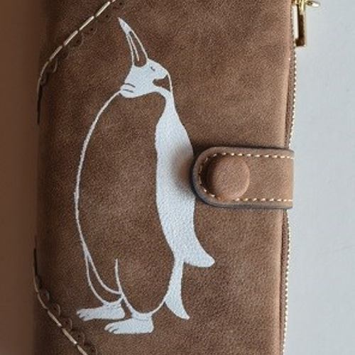 ペンギン(Adeliae Penguin)デザイン 牛革豚革レザー・長札入財布 ペンギン財布、ブラウン、手帳型財布、収納力抜群のお財布！ 長財布
