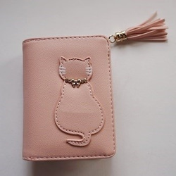 ネコ財布、二つ折り、ピンク 1枚目の画像