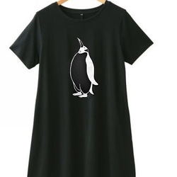 ペンギンレディースフレアTシャツワンピース  送料無料、 ブラック 1枚目の画像