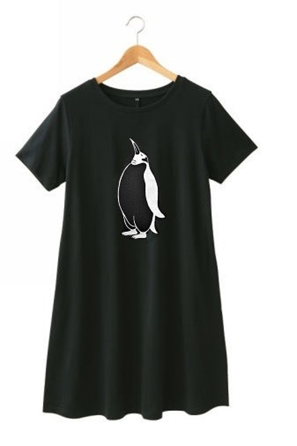 ペンギンレディースフレアTシャツワンピース  送料無料、 ブラック 1枚目の画像