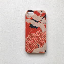 【 KIMONO 】希少・一点物☆アンティーク着物iPhoneケース(朱鹿の子に鶴） 2枚目の画像