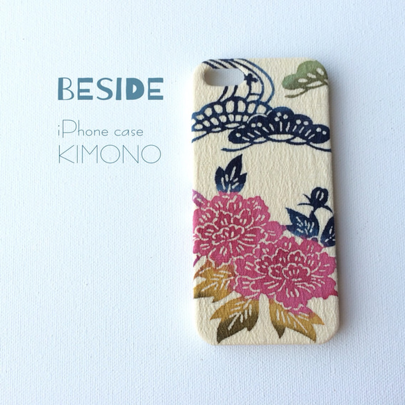 【 KIMONO 】希少☆アンティーク着物iPhoneケース(松に牡丹) 1枚目の画像