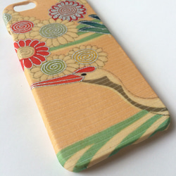 【 KIMONO 】希少・一点物☆アンティーク着物iPhoneケース(向日葵に鶴） 3枚目の画像