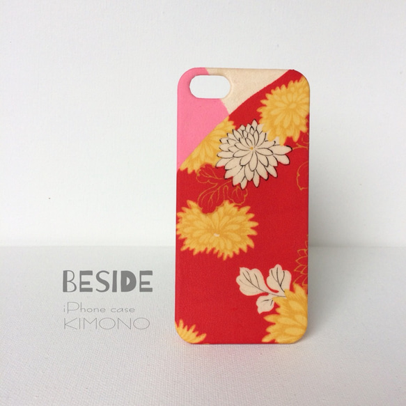 【 KIMONO】 アンティーク着物のiPhoneケース（紅白に菊） 2枚目の画像