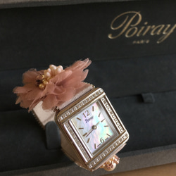 Poiray♪ポアレ時計ベルト〜ピンクのフワフワお花とビーズ刺繍