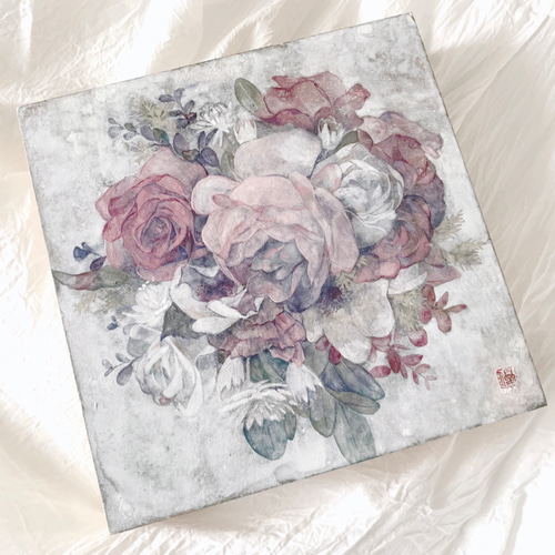 バラの絵 日本画 シルバーのフレーム 七宝焼絵画 薔薇(バラ)