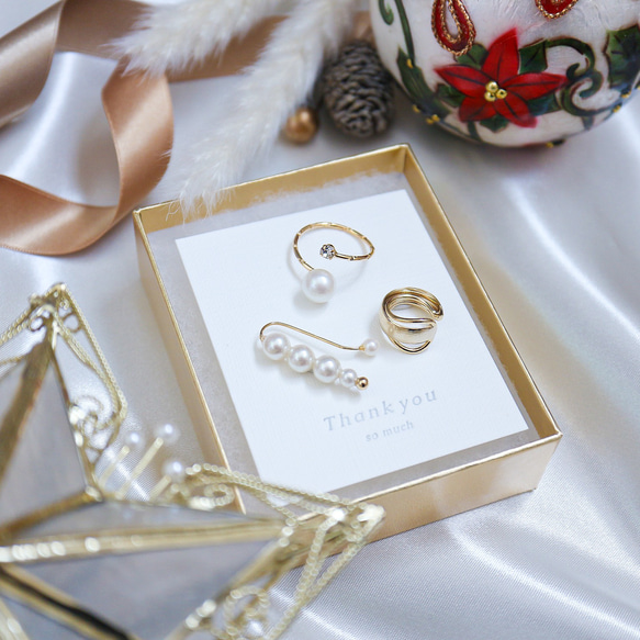 Pearl&Gold Xmas Gift Box  ［イヤーカフ・フォークリング3点セット］クリスマスコフレ 12枚目の画像