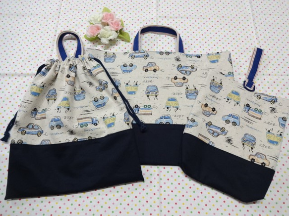 CH@MIKUMA(❁´꒳`❁) ハンドメイド オーダー 入園入学セット 入園・入学3点セット☆手書き風くるま☆生成 その他入園グッズ