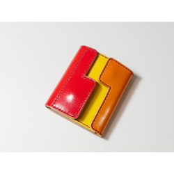 限定製作 コンパクトな革製財布 ハーフウォレット 手染め染色 グラデーション レッドxイエローxオレンジ 1枚目の画像